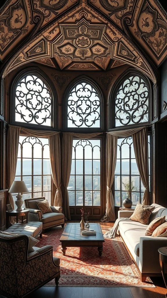 Luxuriöses Wohnzimmer mit kunstvollen Wandverkleidungen und hohen Fenstern