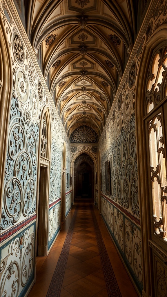 Flur mit kunstvollen Wandverkleidungen im Western Gothic Stil, dekorierte Decke, dunkle Holztüren und Möbel