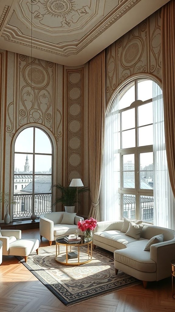 Ein elegantes Wohnzimmer im Art Deco Stil mit kunstvollen Wandverkleidungen, großen Fenstern und stilvollen Möbeln.