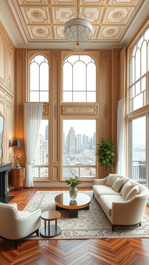 Ein elegantes Wohnzimmer mit kunstvollen Wandverkleidungen im Art Deco Stil, großen Fenstern und luxuriösen Möbeln.
