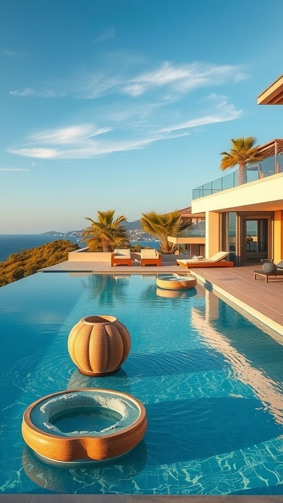 Infinity-Pool mit kreativen Wasserinstallationen und Blick auf das Meer