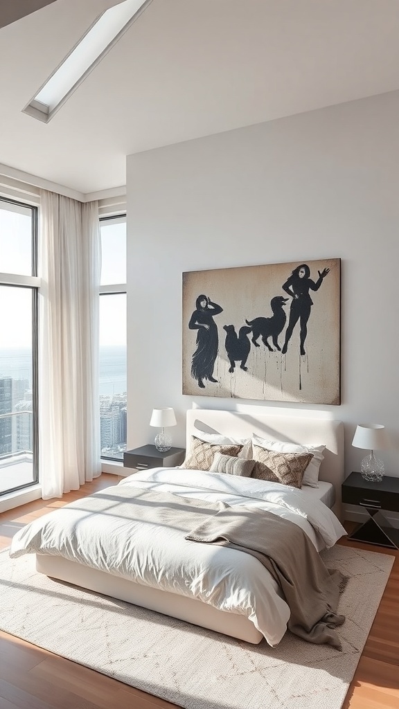 Modernes Schlafzimmer mit Kunstwerk an der Wand