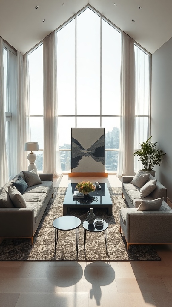 Modernes Wohnzimmer mit großen Fenstern und einem auffälligen Kunstwerk als Mittelpunkt