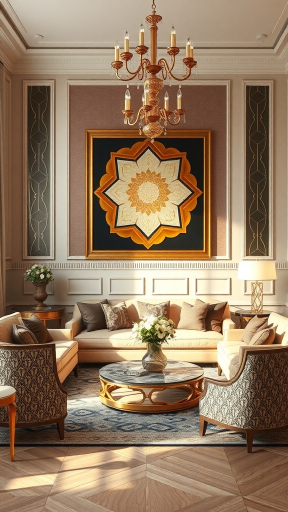 Elegantes Wohnzimmer mit Kunstwerk als zentralem Blickfang