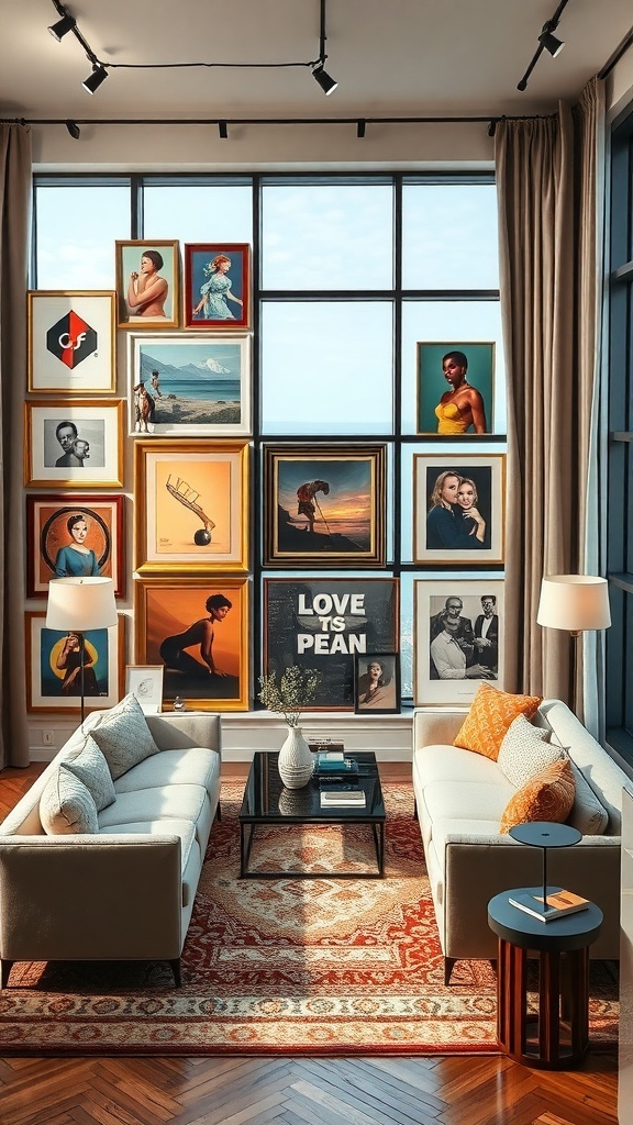 Ein stilvoll eingerichtetes Wohnzimmer mit einer Wand voller Kunstwerke.