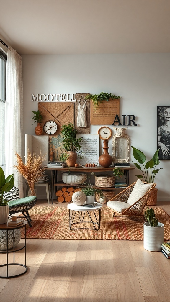 Ein stilvoll eingerichteter Raum mit Kunstwerken aus recycelten Materialien, Pflanzen und nachhaltigen Möbeln.