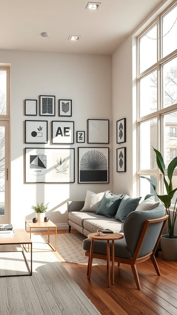 Ein stilvoller Wohnraum mit Kunstwerken an der Wand, einer gemütlichen Couch und Pflanzen.