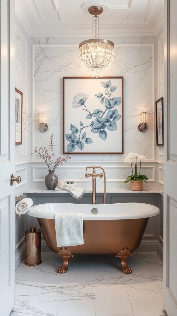 Luxuriöses Badezimmer mit freistehender Badewanne, Kunstwerk und eleganter Beleuchtung