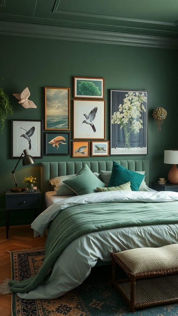 Schlafzimmer mit dunkelgrünen Wänden, Kunstwerken und stilvoller Dekoration