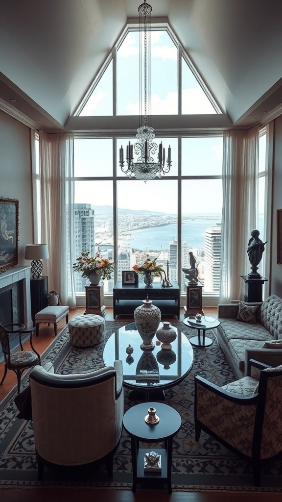 Ein elegantes Wohnzimmer mit Kunstwerken und Skulpturen, großen Fenstern und einer schönen Aussicht.