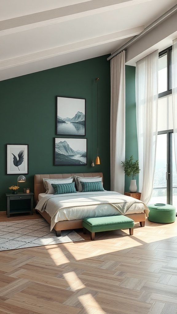 Dunkelgrünes Schlafzimmer mit Kunstwerken und Wanddekorationen in Grüntönen