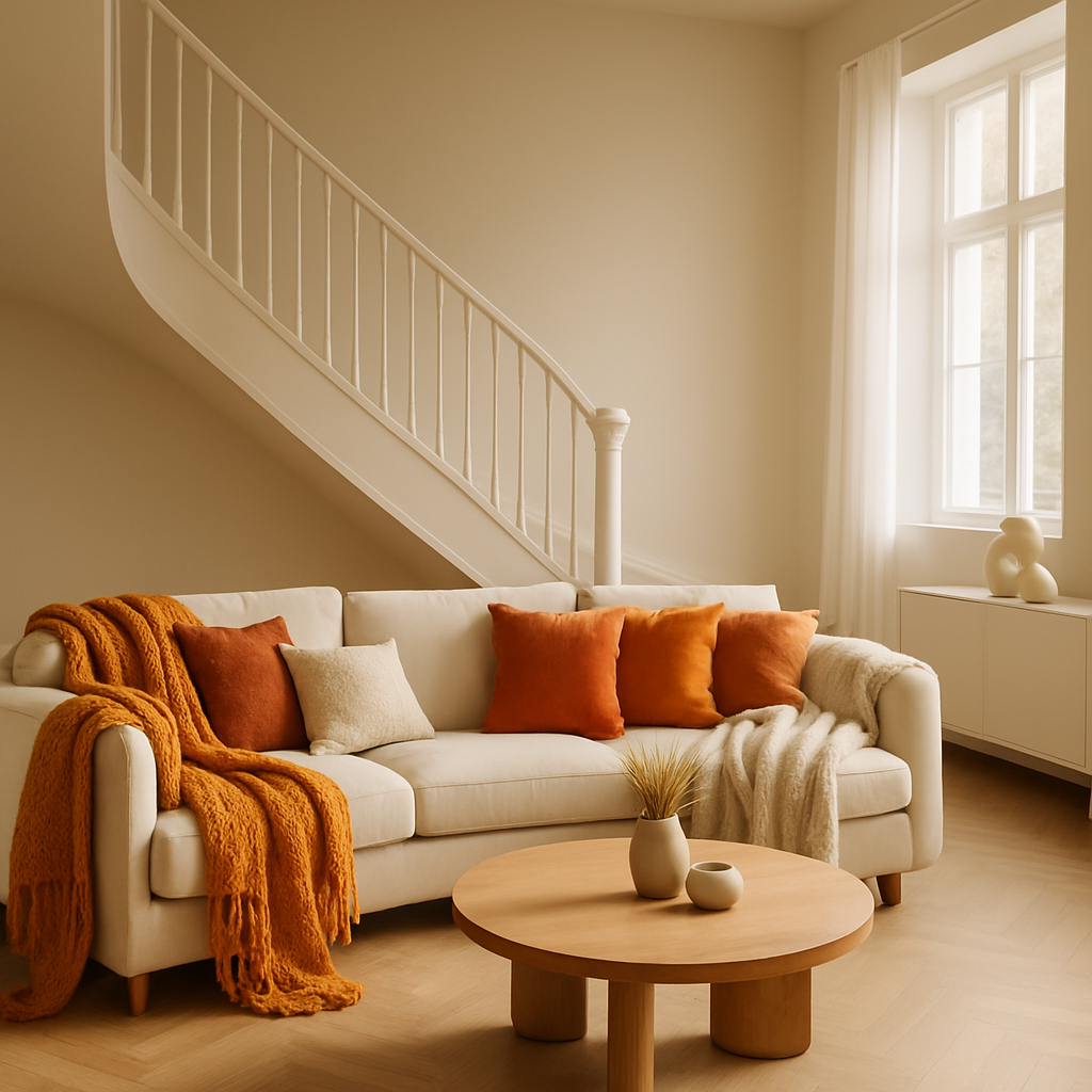Gemütliches Wohnzimmer mit orangefarbenen Kissen und einer warmen Decke auf dem Sofa.