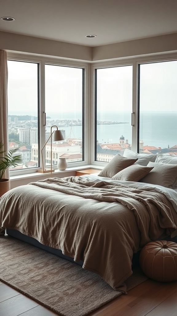 Gemütliches Schlafzimmer mit großen Fenstern und Blick auf die Stadt und das Meer
