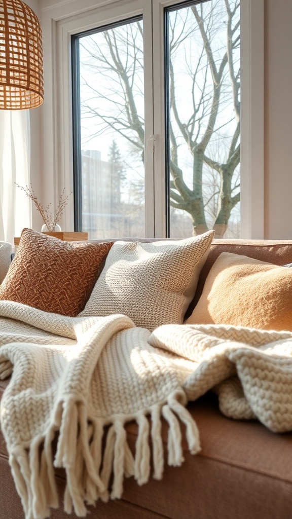 Gemütliche Couch mit Kissen und Decke, große Fenster mit Tageslicht