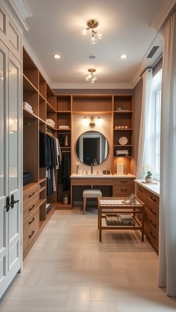 L-shaped closet featuring a vanity nook with a round mirror, elegant lighting, and organized shelving.