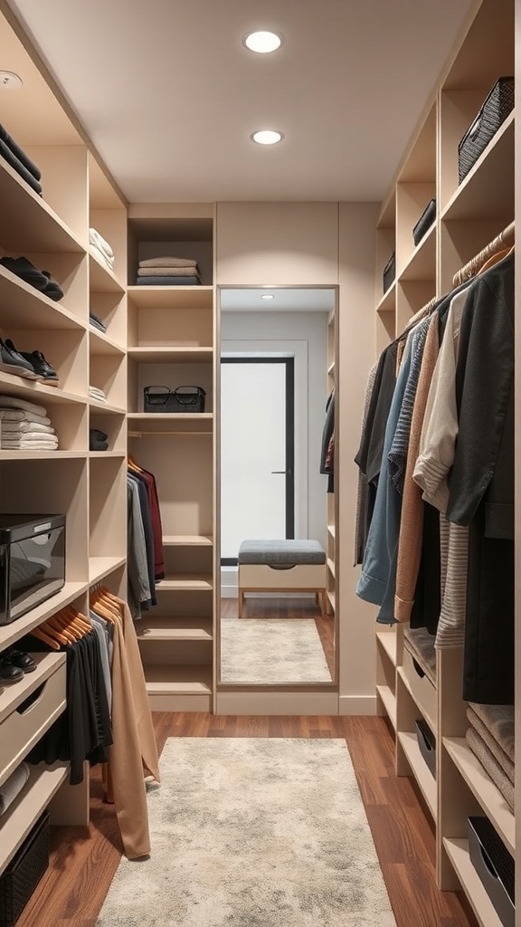 An L-shaped walk-in closet featuring shelves, a mirror, and a cozy rug.