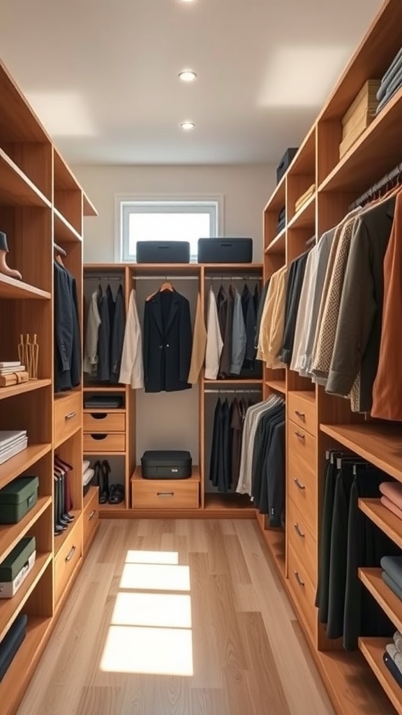 Interior view of an L-shaped walk-in closet with wooden shelves and organized clothing.