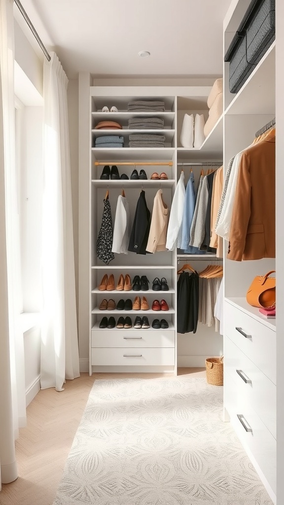 L-shaped walk-in closet with built-in shoe rack, featuring organized shelves and hanging clothes.