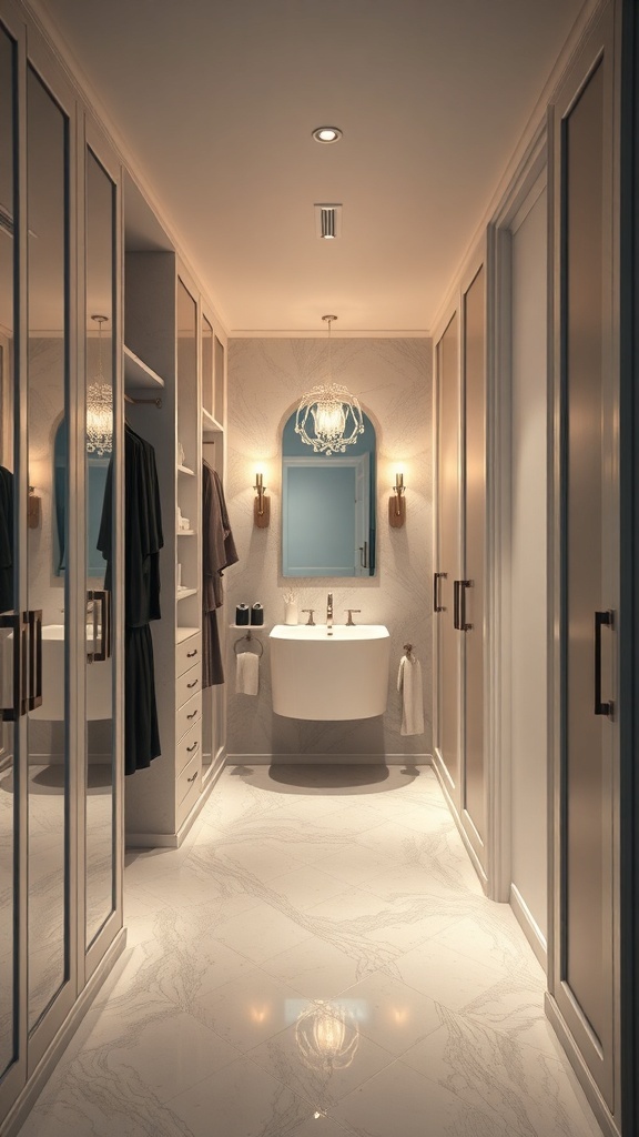 L-shaped walk-through closet leading to a stylish bathroom with a sink and elegant lighting.