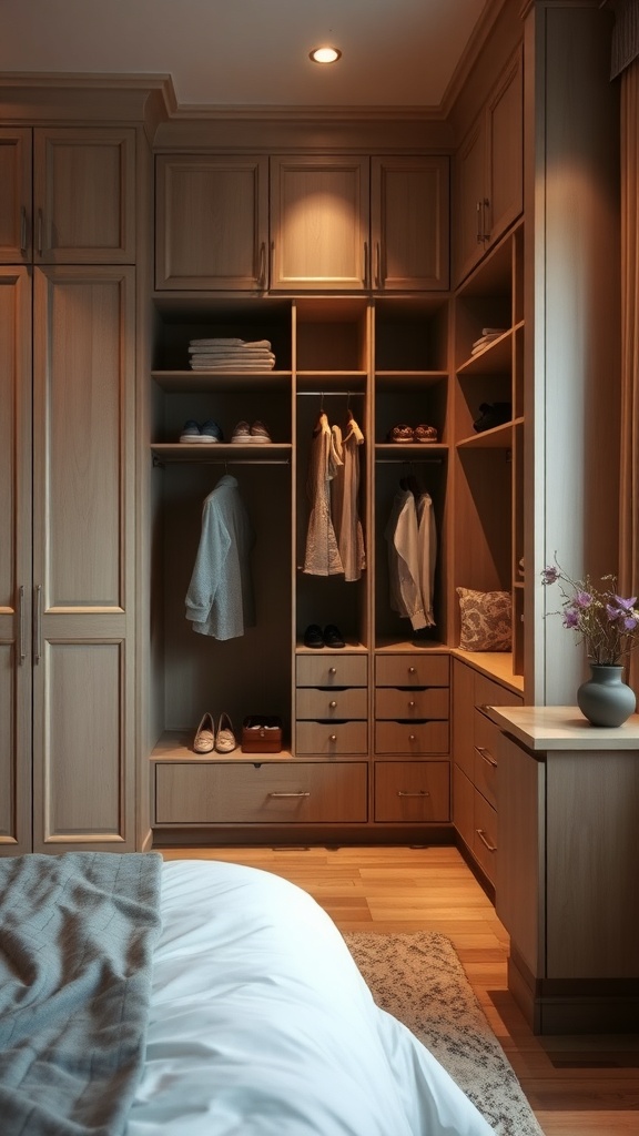 L-shaped wardrobe in a cozy bedroom corner, showcasing organized storage with clothes and accessories.