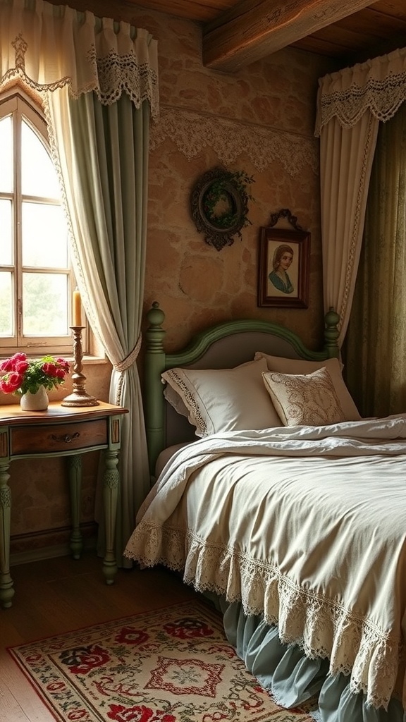 A cozy bedroom with lace and tulle accents, featuring soft bed linens and delicate curtains.