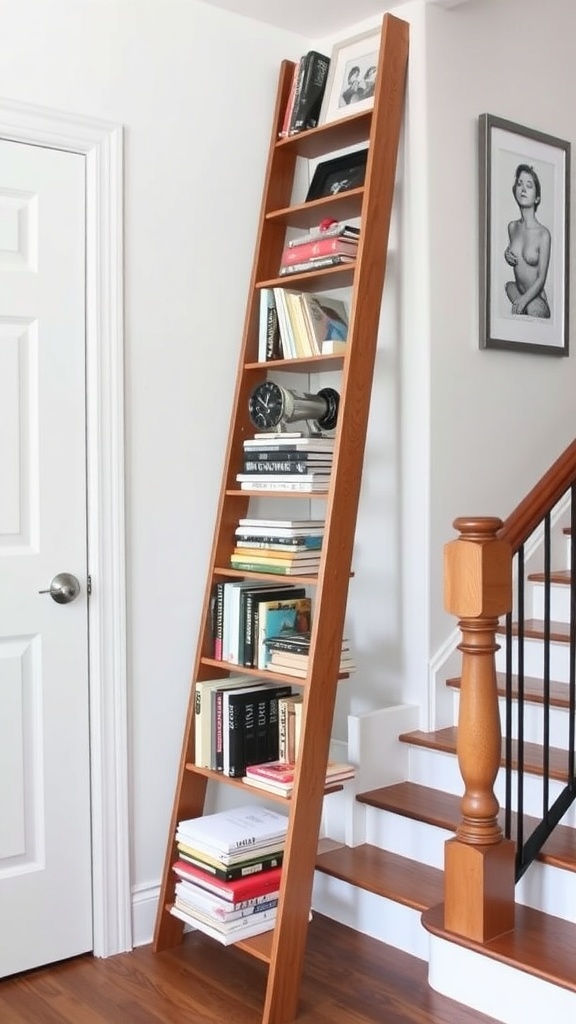 A wooden ladder-style bookshelf filled with books and decorative items, leaning against a wall near a staircase.