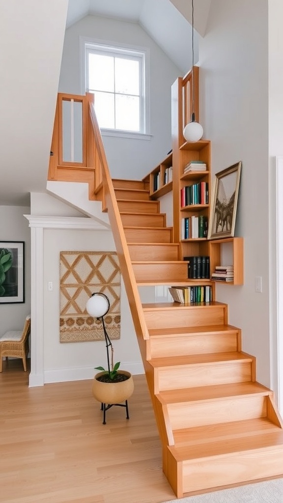 A stylish wooden ladder-style staircase leading to an upper level, surrounded by bookshelves filled with books.