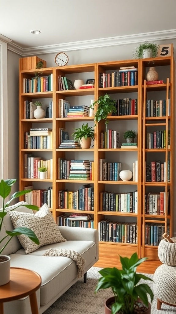 A rustic ladder-style bookshelf filled with books and plants, next to a cozy sofa.