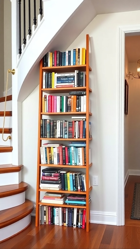 A ladder-style bookshelf in vibrant orange filled with books, positioned next to a staircase.