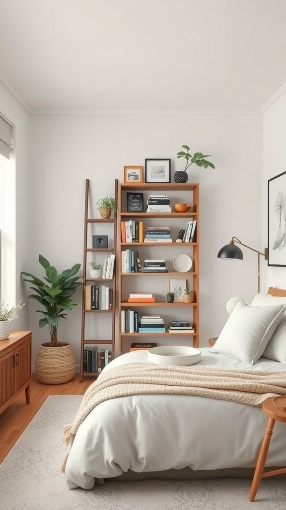 A cozy bedroom featuring a ladder bookcase filled with books and decorative items.