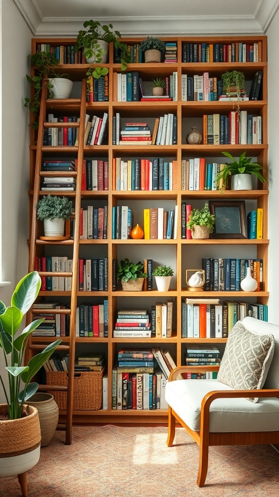 A wooden ladder bookshelf filled with books and plants, next to a cozy chair.