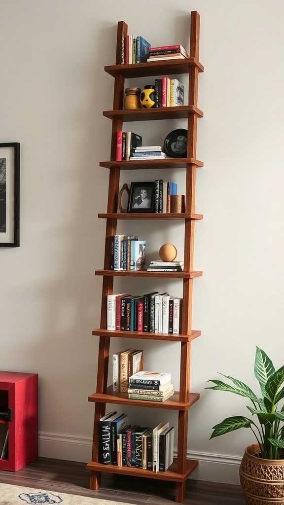 A stylish ladder bookshelf filled with colorful books and a small plant.