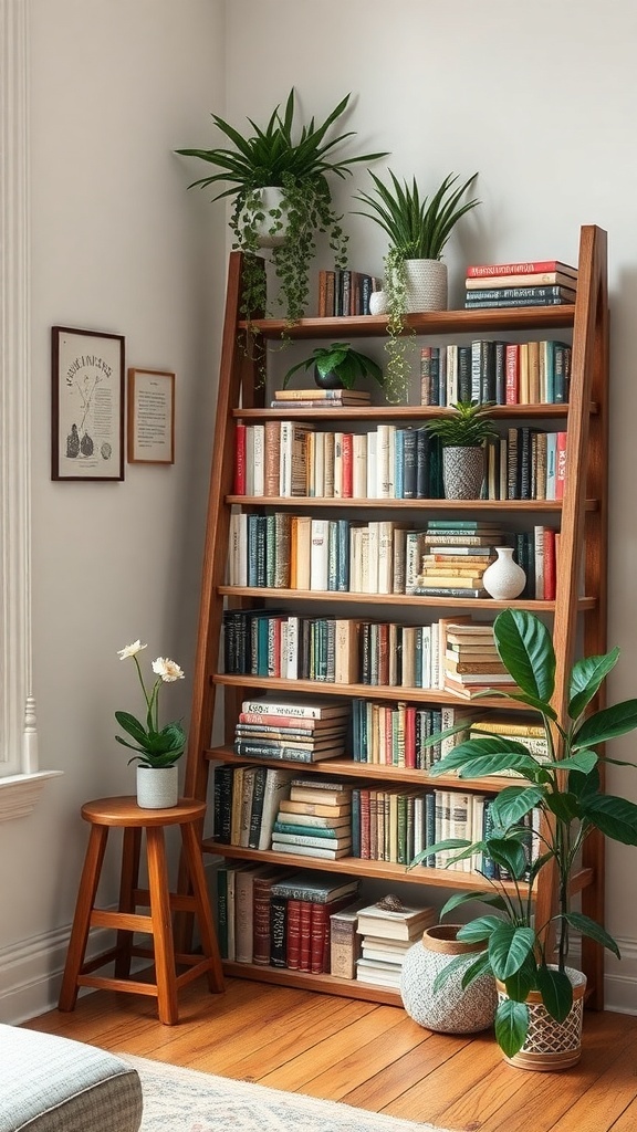A wooden ladder bookshelf filled with books and plants, accompanied by a small stool.
