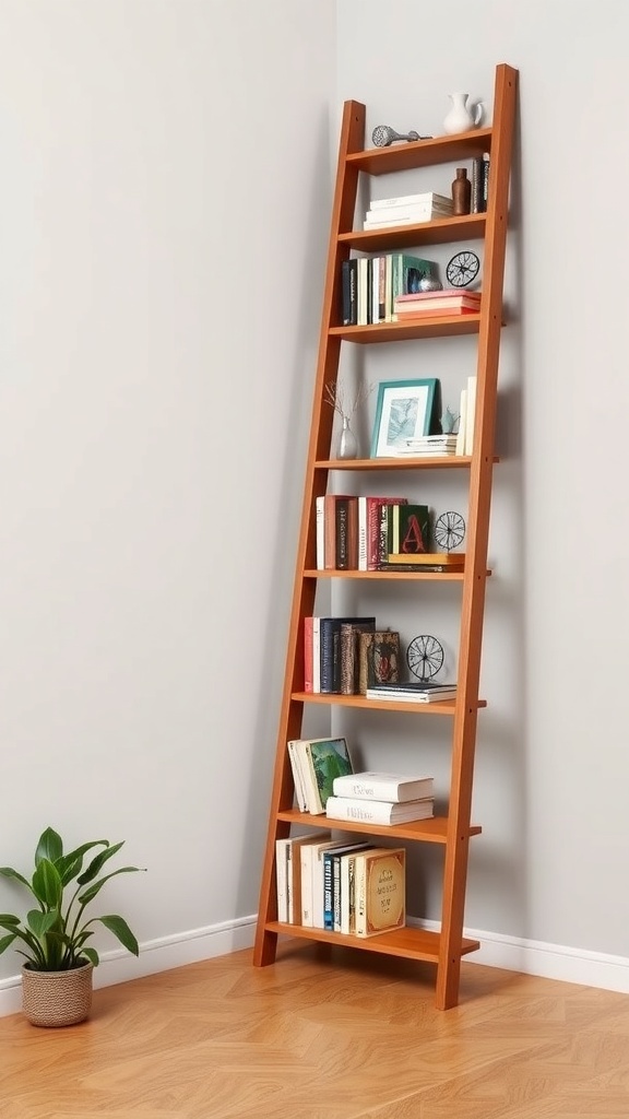 A wooden ladder bookshelf leaning against a wall, displaying books and decorative items.