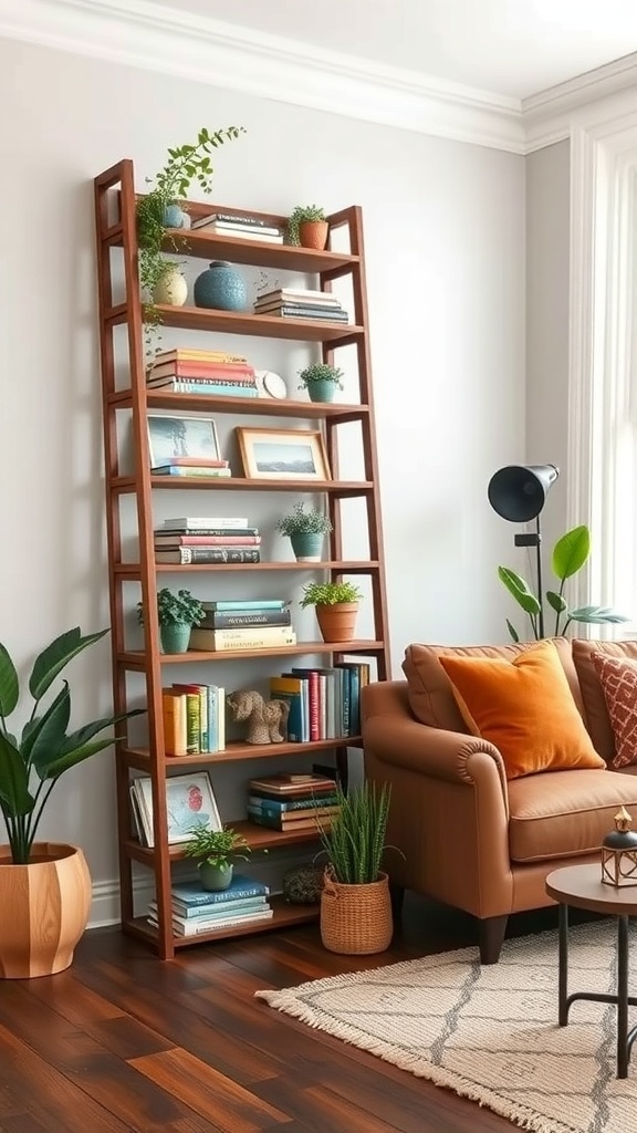 A wooden ladder shelf filled with books and plants in a cozy living room setting.