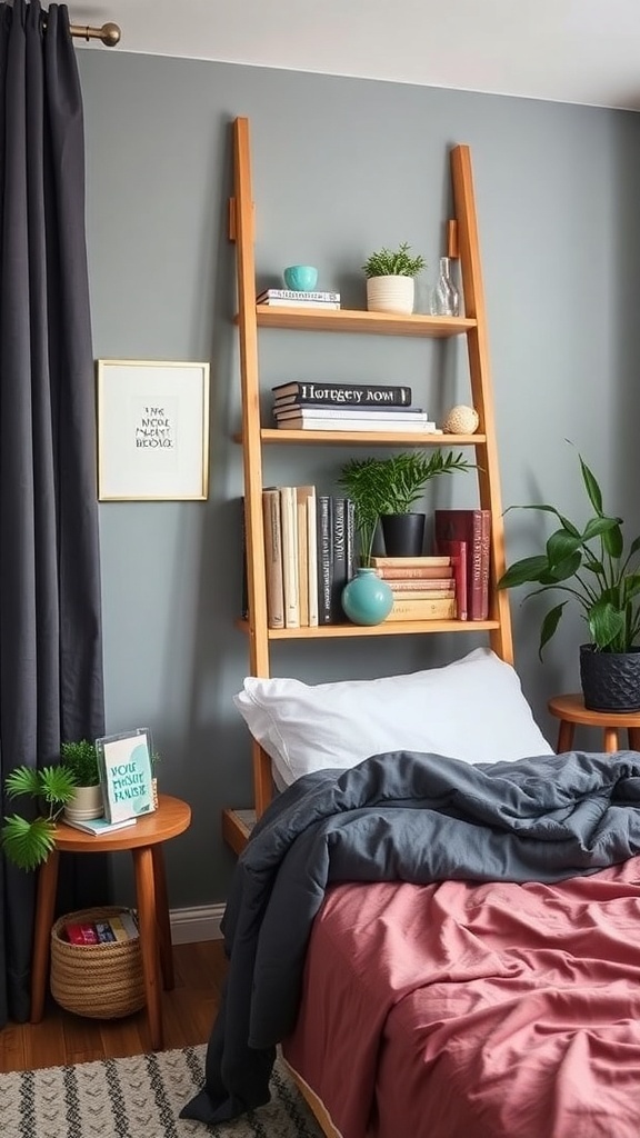 A stylish ladder shelf displaying books and plants in a cozy bedroom setting.