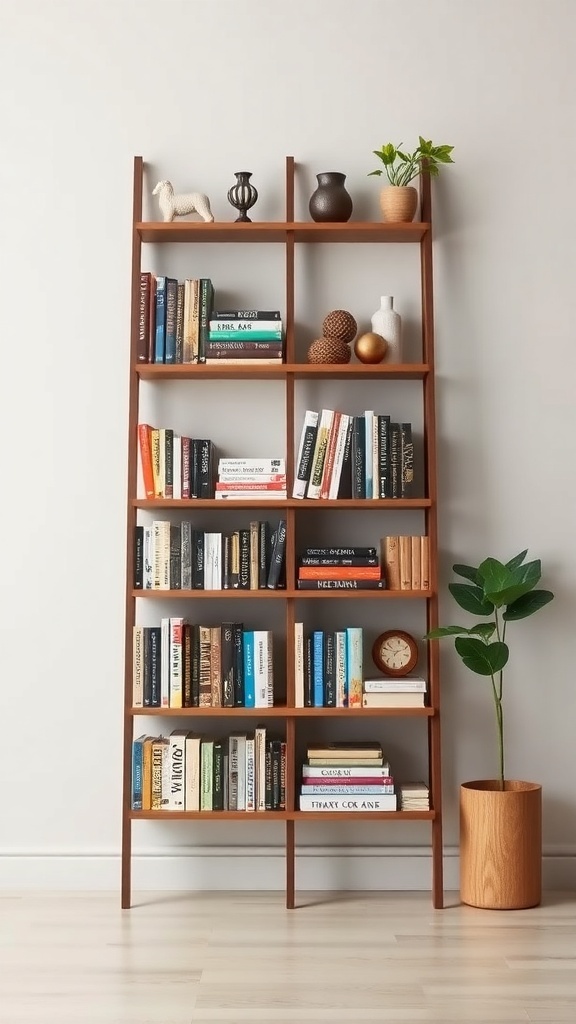 A wooden ladder shelf displaying books and decorative items, with a plant and clock.