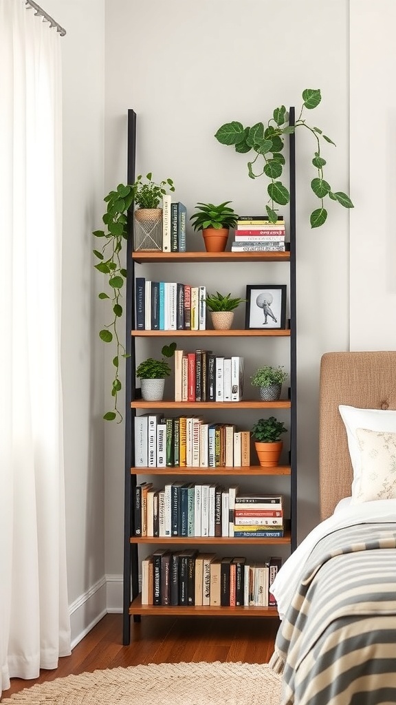 A stylish ladder shelf filled with books and potted plants in a cozy bedroom setting.
