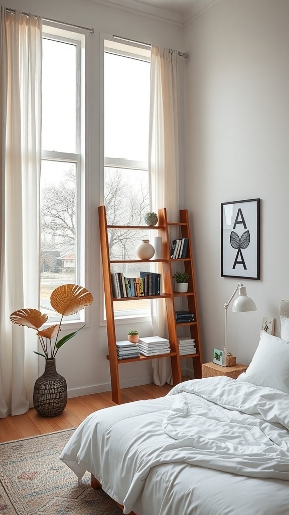 A cozy bedroom featuring a wooden ladder shelf filled with books and plants, positioned by a window.