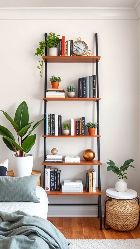 A stylish ladder shelf filled with books, plants, and decorative items in a cozy bedroom setting.