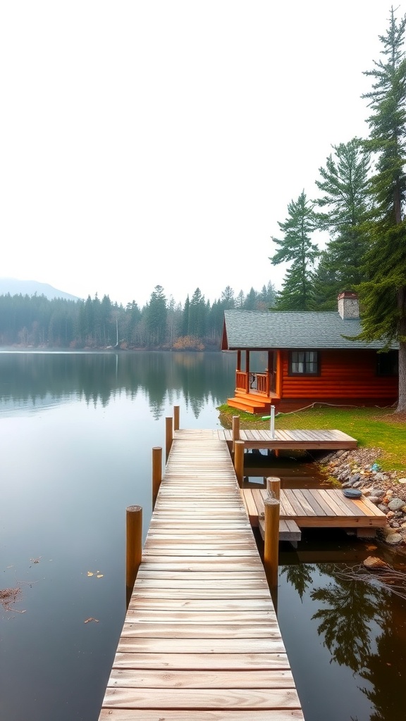 A cozy orange cabin by a calm lake with a wooden dock extending into the water.