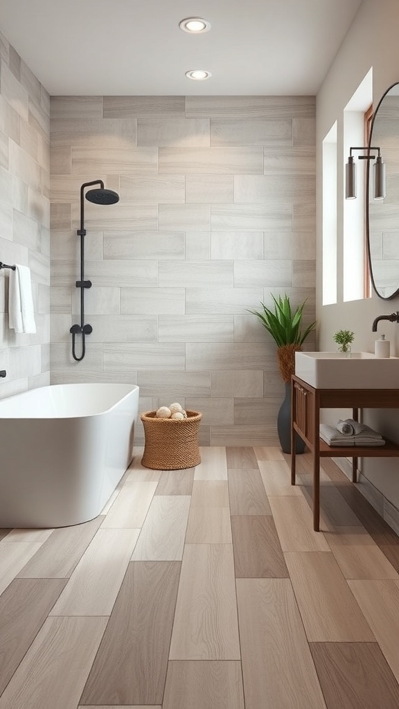 A modern bathroom featuring laminate tiles that resemble wood, with a freestanding bathtub and stylish fixtures.