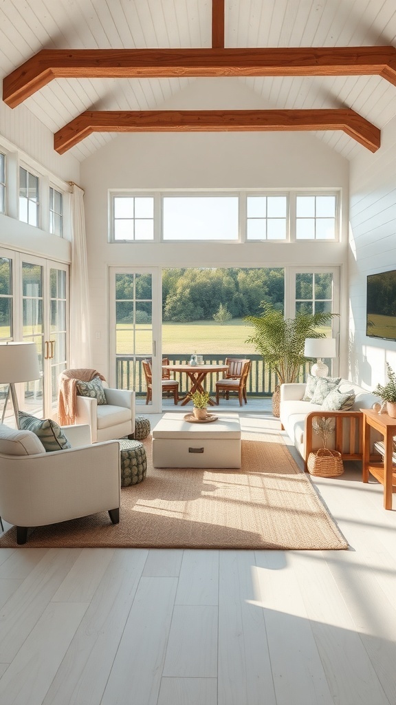 Modernes Wohnzimmer im Bauernhausstil mit hellen Wänden, Holzbalken und gemütlichen Möbeln
