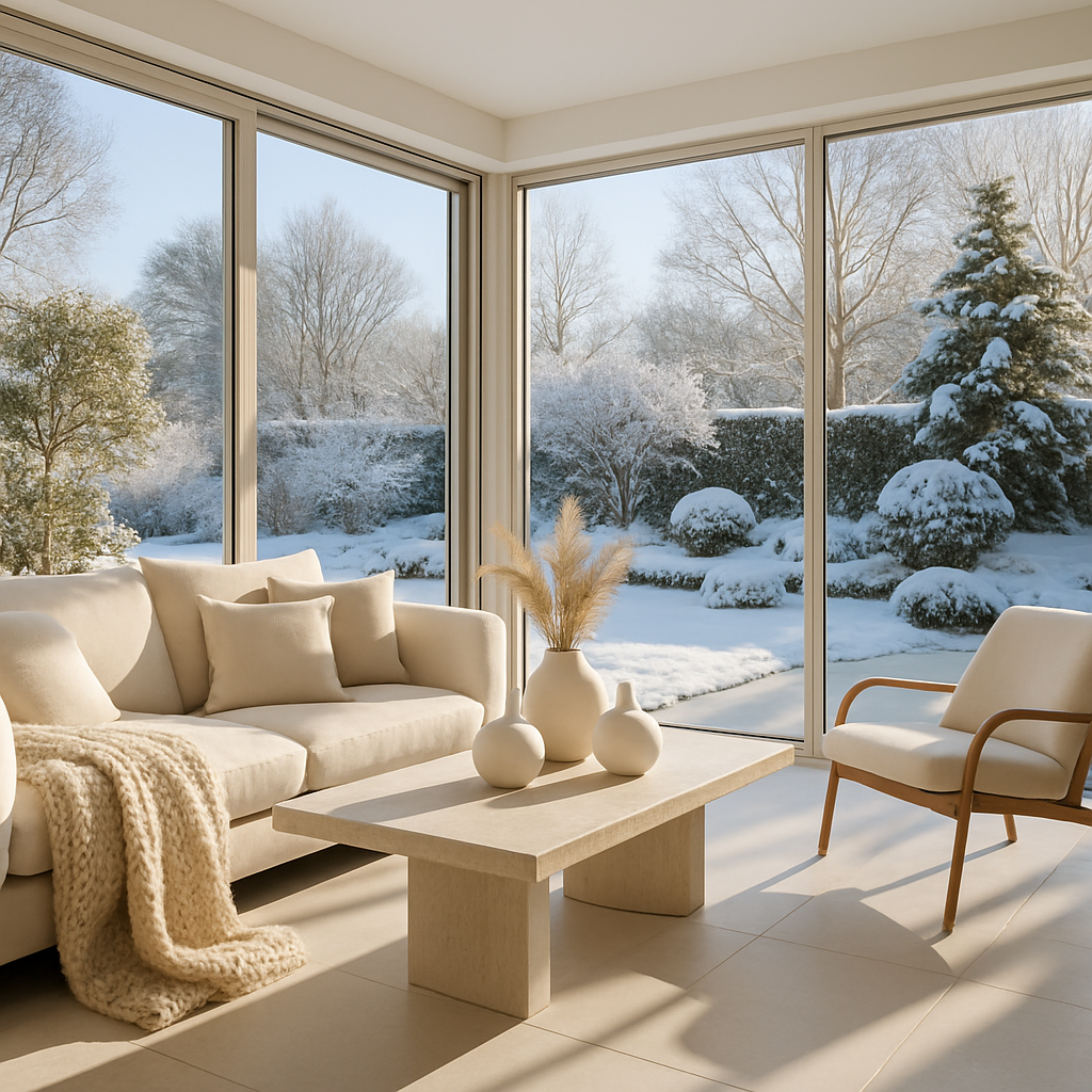 Moderner Wintergarten mit Blick auf verschneite Landschaft, gemütlicher Einrichtung und großen Fenstern.