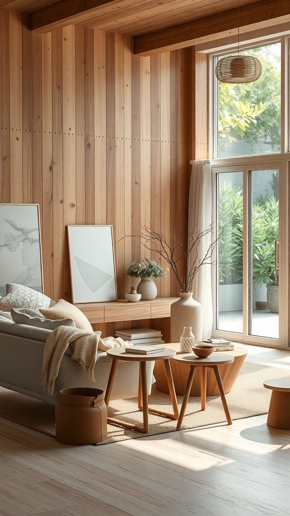 Ein stilvoll eingerichteter Raum mit Holzverkleidung und modernen Möbeln