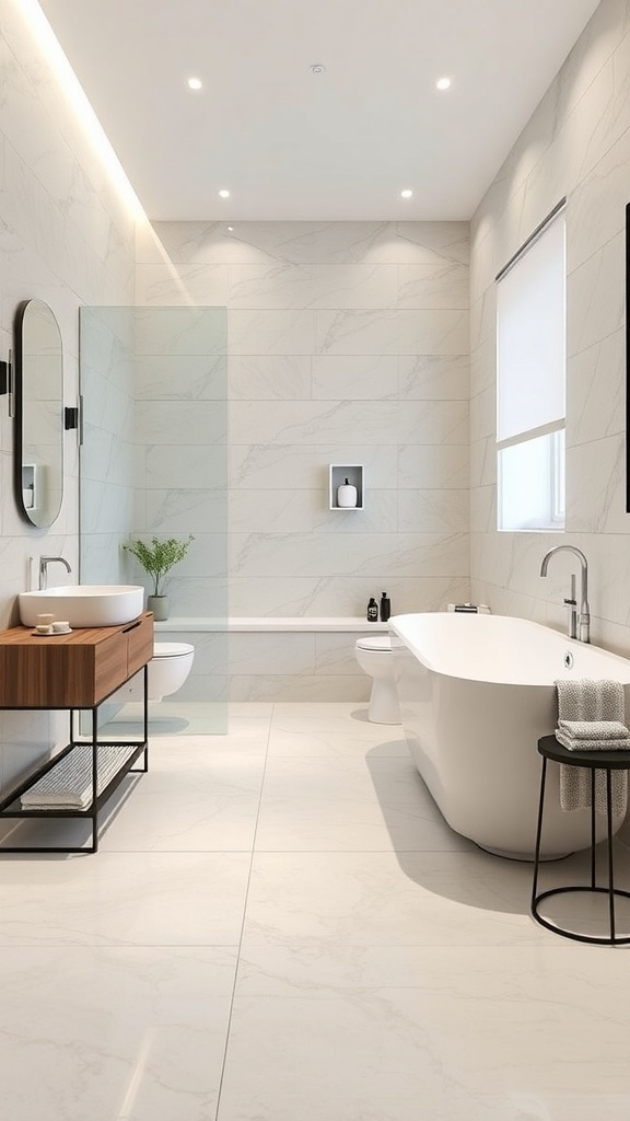 Modern bathroom featuring large format tiles with a seamless finish, bright lighting, and elegant fixtures.