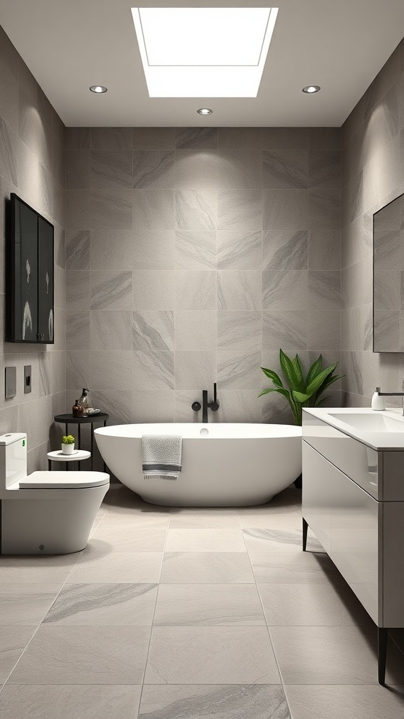 Modern bathroom with large format gray tiles, freestanding tub, and sleek vanity.