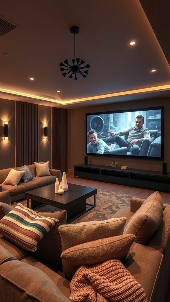 Cozy home theater setup with a large screen display and comfortable seating