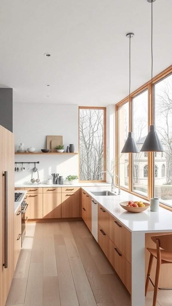 A modern Scandinavian kitchen featuring large windows that allow abundant natural light, wooden cabinetry, and a minimalist design.