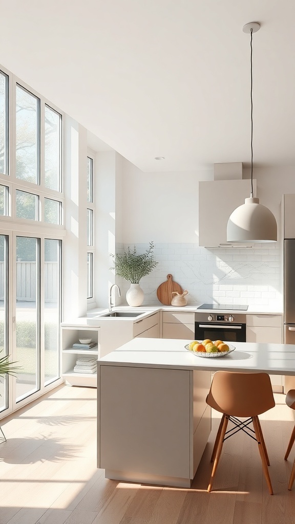 A modern Scandinavian kitchen with large windows allowing natural light, featuring light wood flooring and minimalist design.
